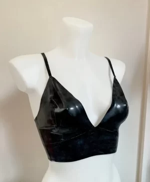 Latex bra with hardware and buckle closure