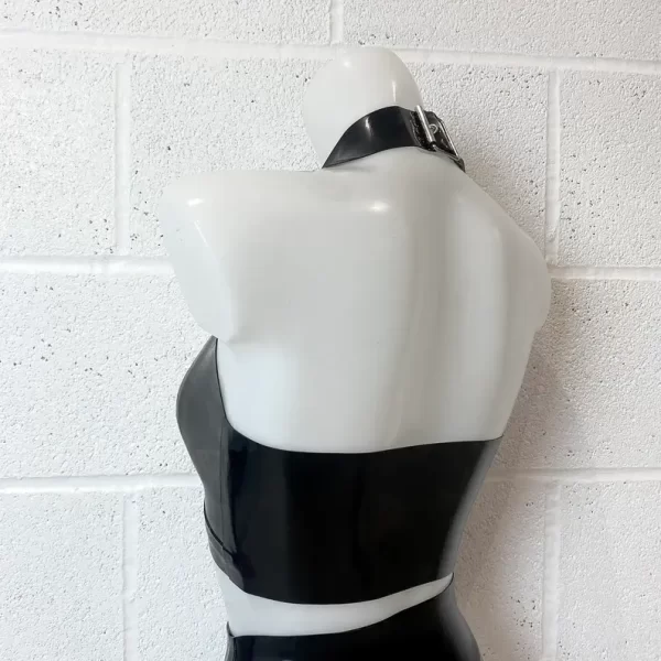 Latex bra with silver/gold hardware and o-ring detail