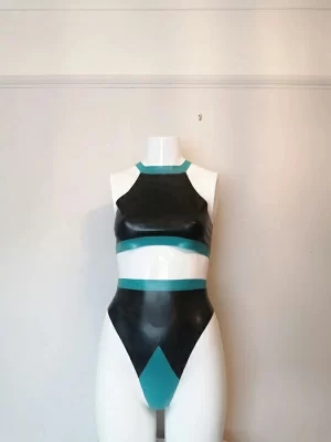 Latex Two Piece, High Neck Crop Top and High-waist Thong