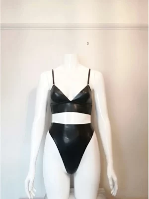 Latex Two Piece, High Neck Crop Top and High-waist Thong