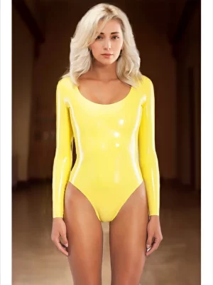 Latex one-piece swimsuit with open back and front zipper