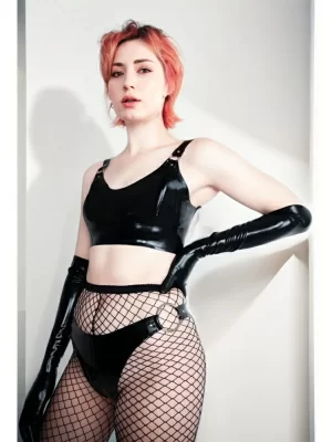 Latex bra with hardware and buckle closure