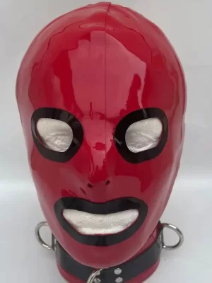 Latex Hood Contrast pin hole eyes & zip mouth.