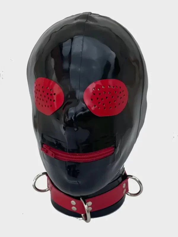 Latex Hood Contrast pin hole eyes & zip mouth.