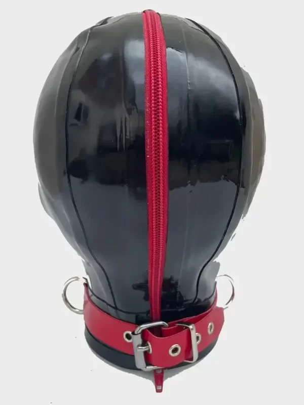 Latex Hood Contrast pin hole eyes & zip mouth.