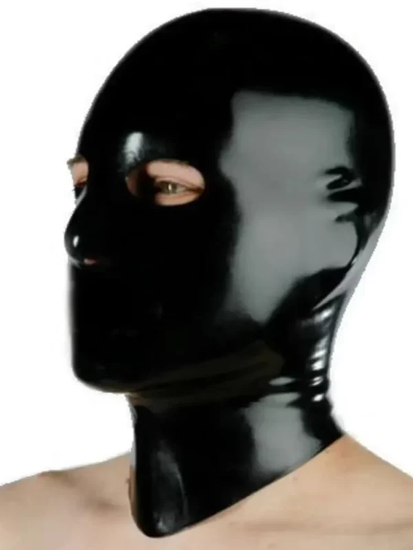 Latex hood with eye and nose holes only and rear zipper