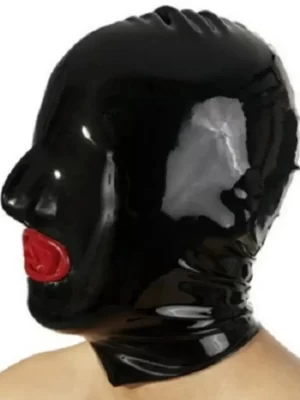 Latex hood with eye and nose holes only and rear zipper