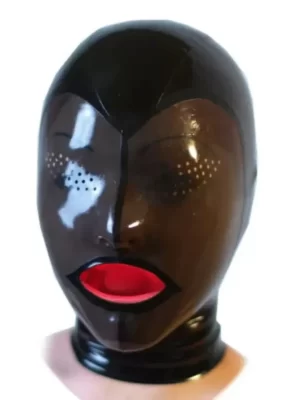 Latex hood with tongue and perforated eye holes