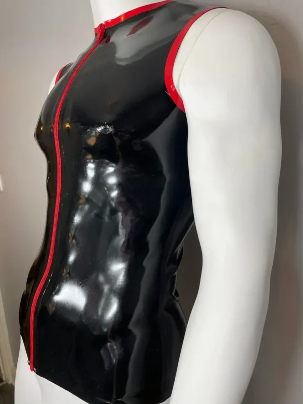 Rubber Latex Trimmed Zip Front Sleeveless T-Shirt