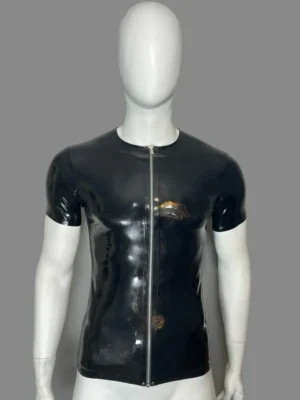 Rubber Latex Crew Neck Zip Front T-Shirt Short Sleeve