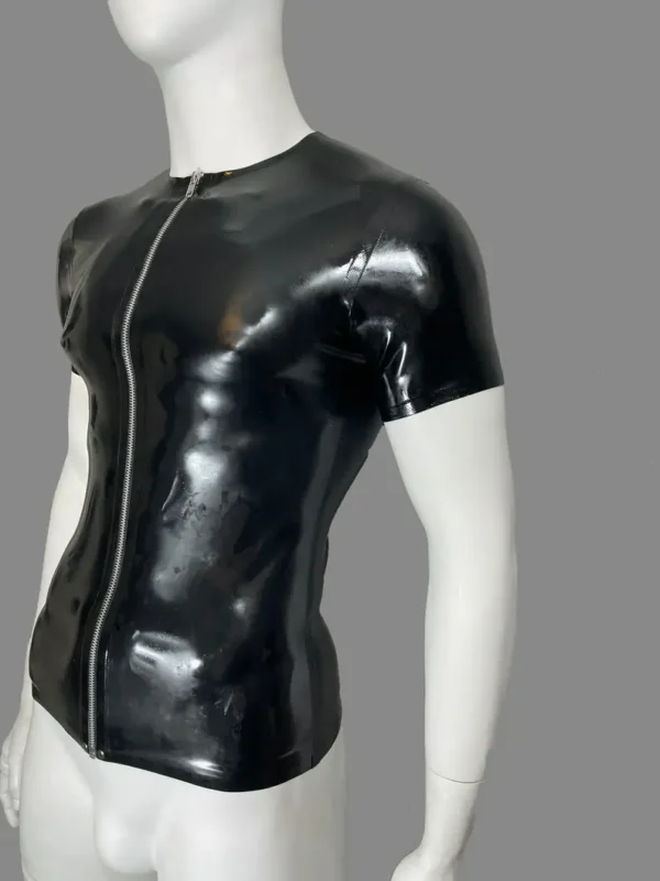 Rubber Latex Crew Neck Zip Front T-Shirt Short Sleeve