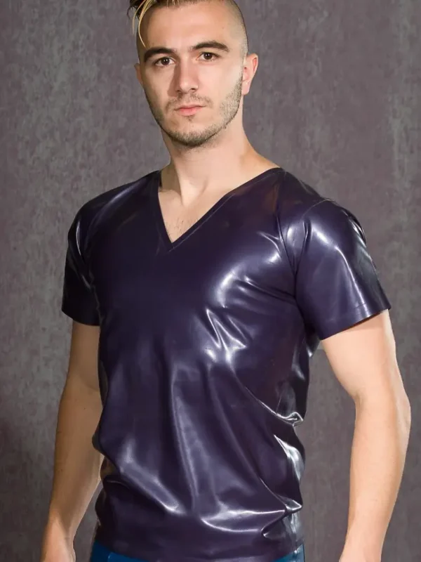 Latex Mens Metallic Purple V Neck T Shirt