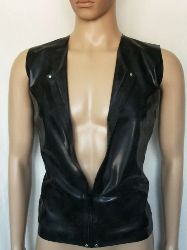 Latex top men sleeveless, zipper, V-neck