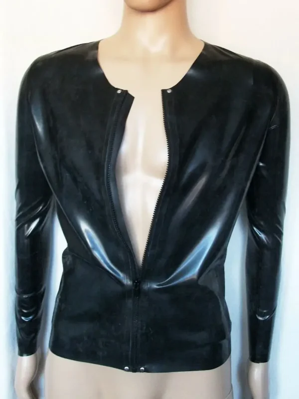 Men's latex shirt with zipper and long sleeves, V-neck