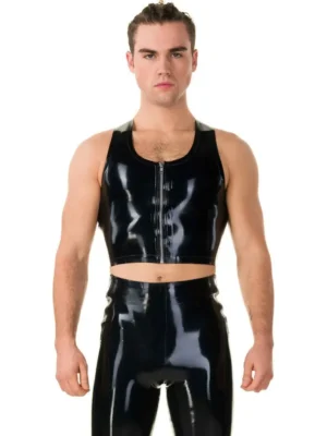 Men's Zip Front Cropped Latex Black Vest - Standard Sizes