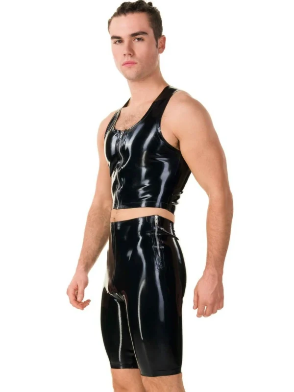 Men's Zip Front Cropped Latex Black Vest - Standard Sizes