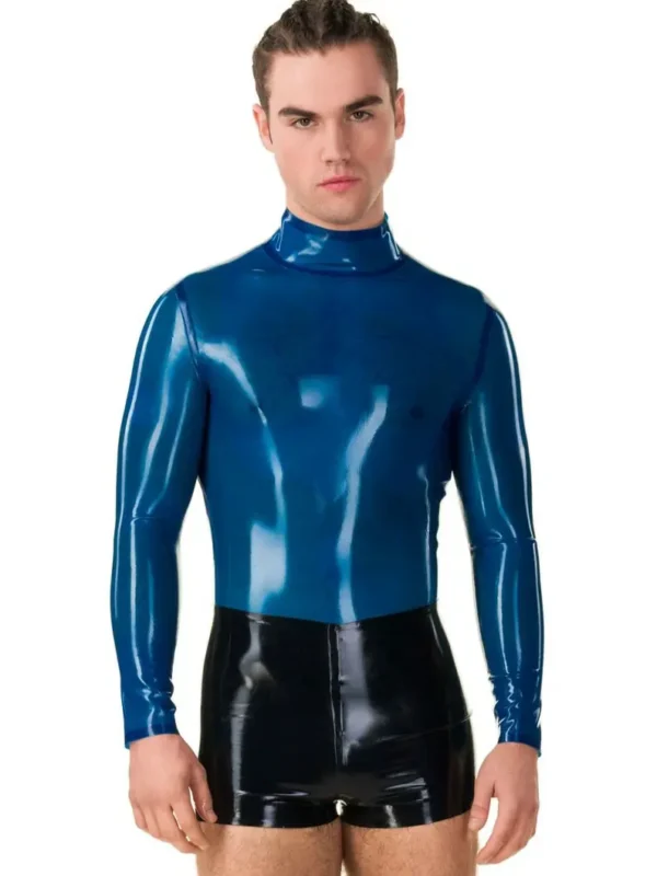 Men's High Neck Long Sleeve Latex semi transparent blue Top