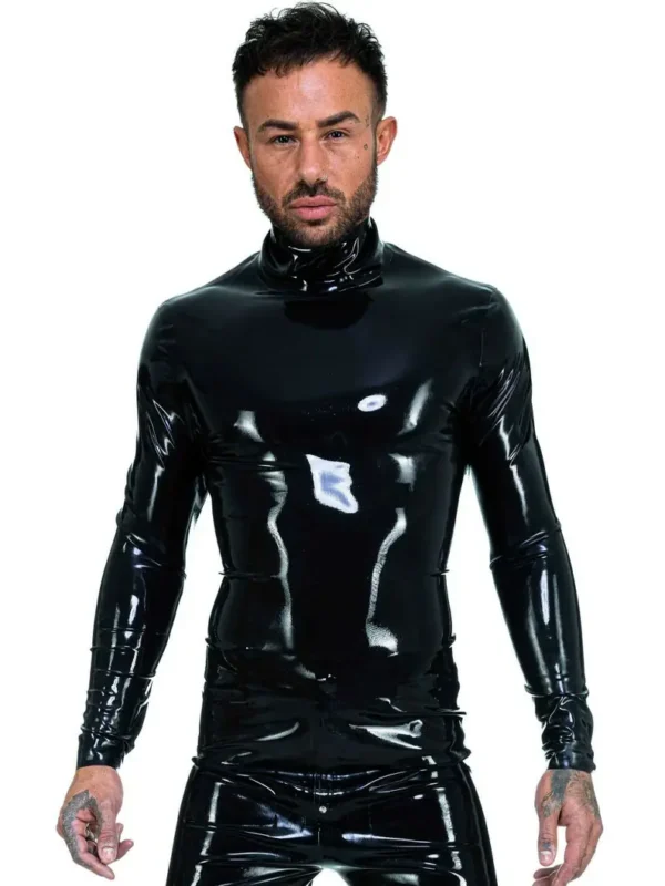 Men's High Neck Long Sleeve Latex semi transparent blue Top