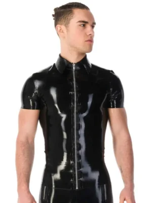 Latex short sleeve man's crop neck top with a medical uniform twist