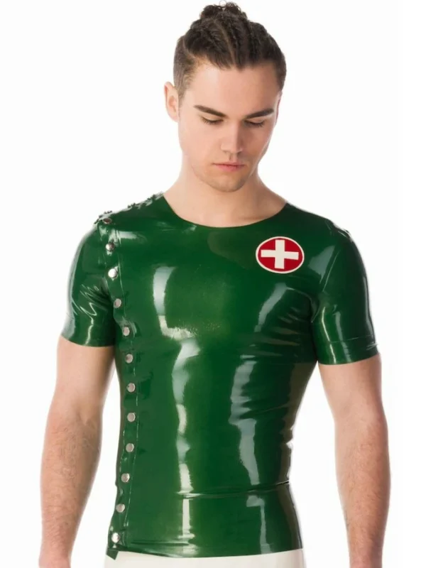 Latex short sleeve man's crop neck top with a medical uniform twist