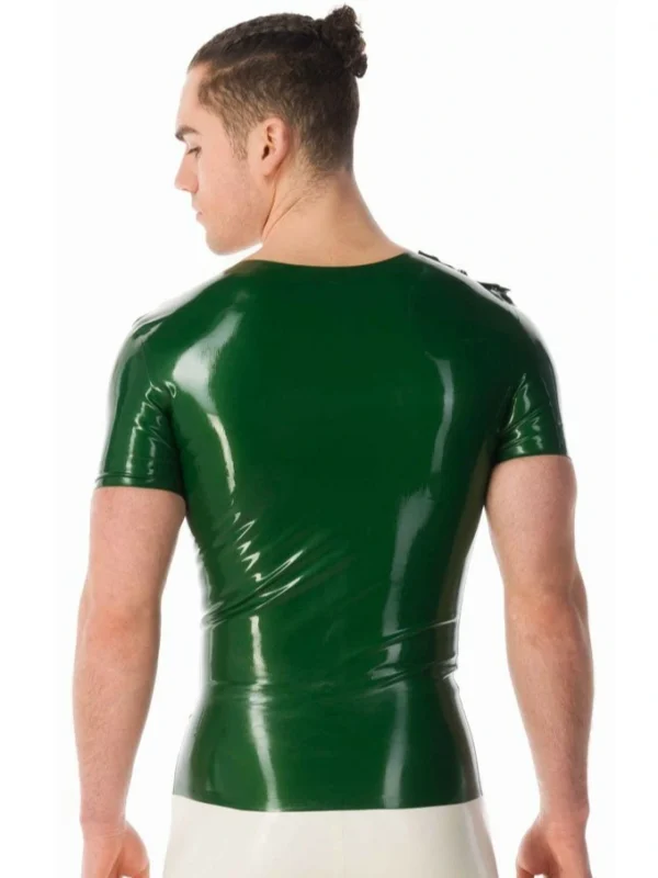 Latex short sleeve man's crop neck top with a medical uniform twist