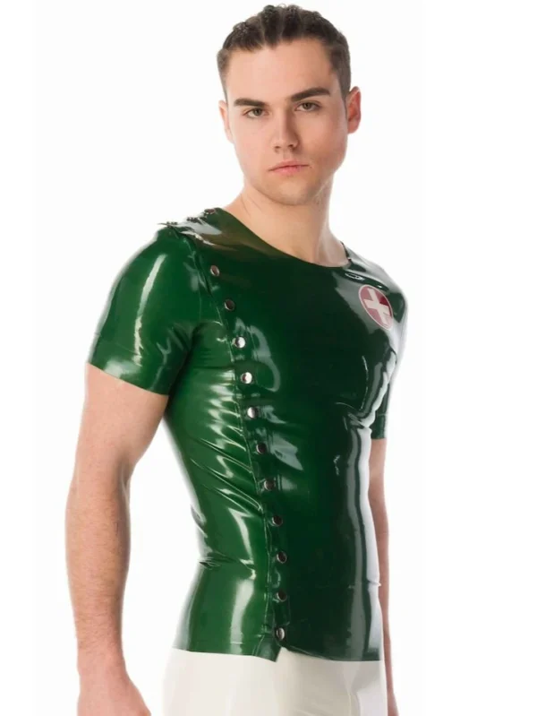 Latex short sleeve man's crop neck top with a medical uniform twist