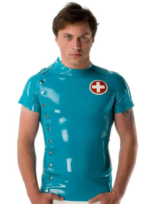 Latex short sleeve man's crop neck top with a medical uniform twist