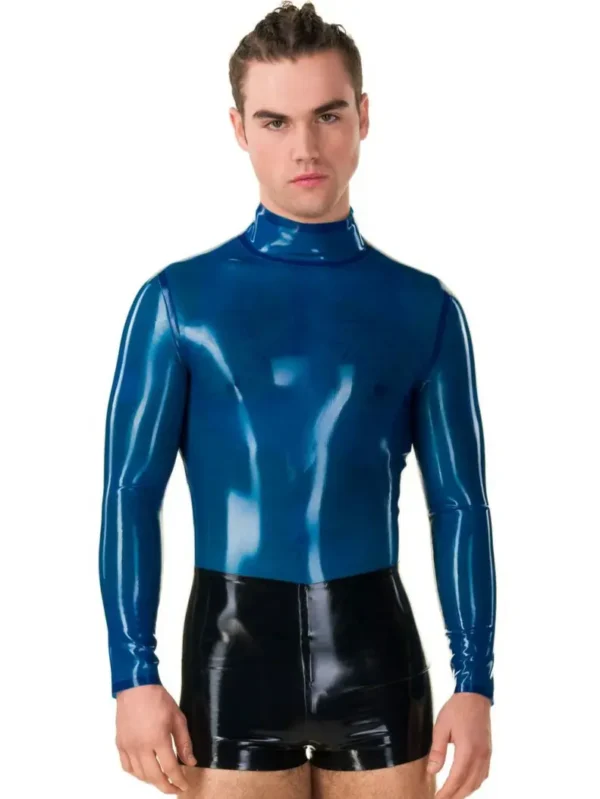 Men's High Neck Long Sleeve Latex Semi Transparent Blue Top