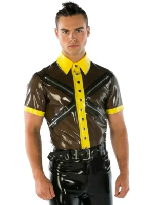 latex short-sleeved top with a V-neck