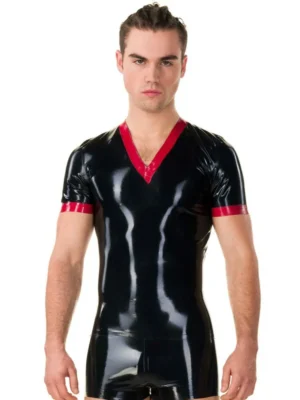 latex short-sleeved top with a V-neck