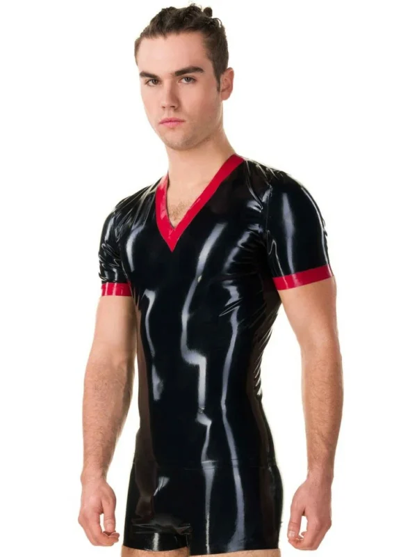 latex short-sleeved top with a V-neck