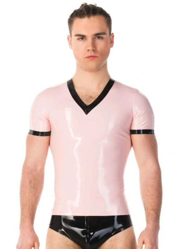 latex short-sleeved top with a V-neck