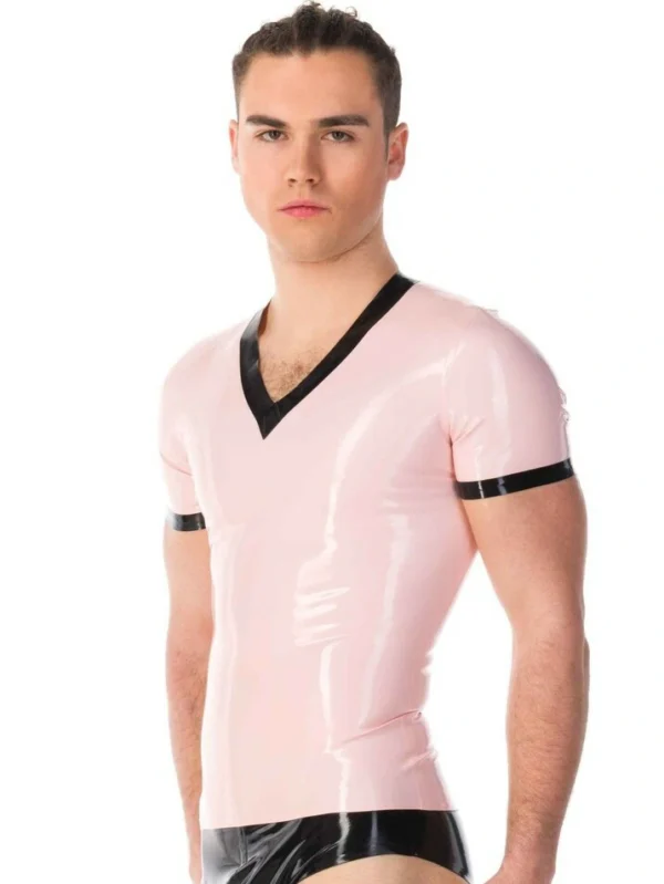 latex short-sleeved top with a V-neck