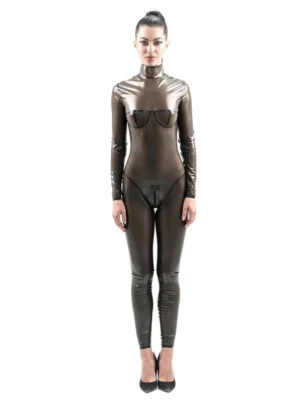 Semi-transparent Olive Latex Sleeveless Catsuit