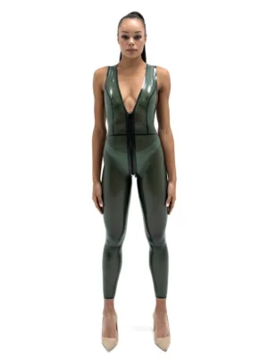 Semi-transparent Olive Latex Sleeveless Catsuit