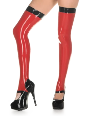 Latex Red Stirrup Stockings with trim