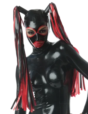 Latex Mask with Pigtails Rubber Hood Plus Size Open Mouth and Eyes with Hairpiece