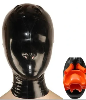 Latex Hood with Red Teeth Gag and Nasal Tubes Back Zip Fetish Latex Mask Full Face