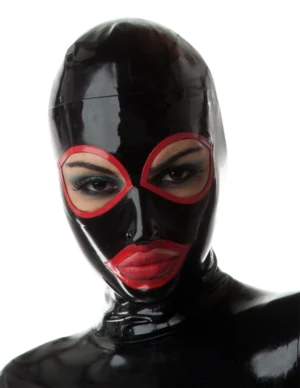 Latex Big Eye Black with Red Trims Hood Back Zip Handmade