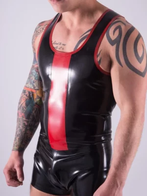 Mens latex tank top with contrasting front and edge trim