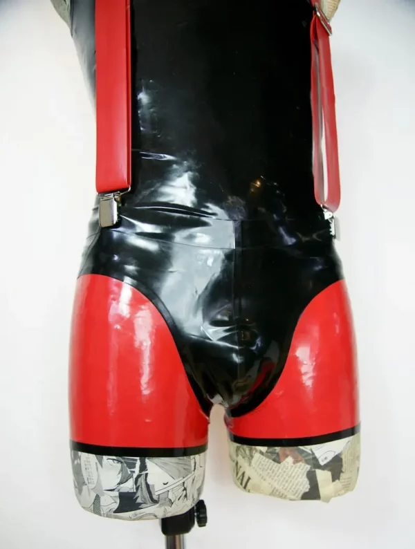 Bold Latex Red and Black Suspender Shorts with Manga Print Trim