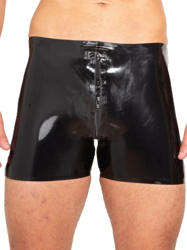 Black Men Latex Zipped Shorts