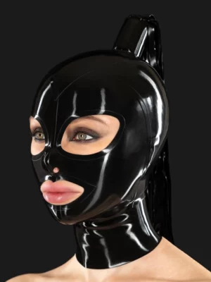 Latex mask with ponytail tube and stripes