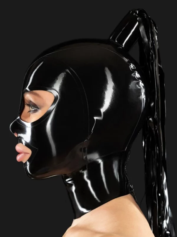 Latex mask with ponytail tube and stripes