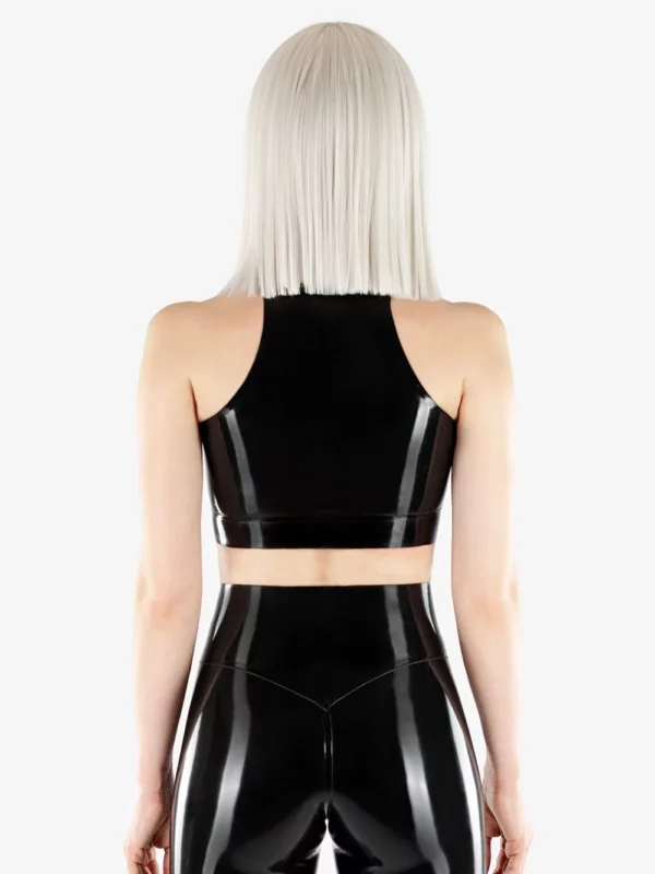 Latex top with high collar and concealed front zipper