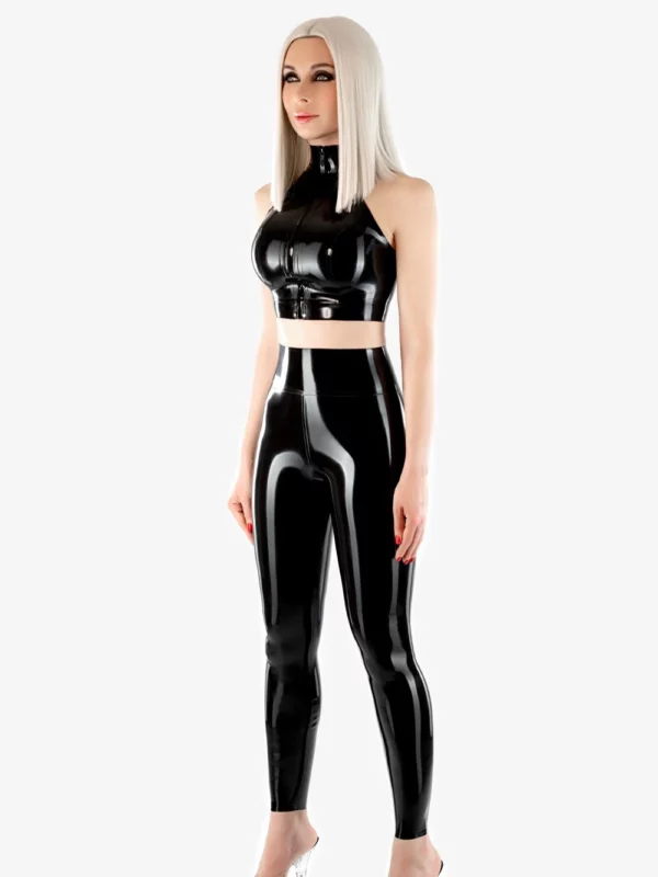 Latex top with high collar and concealed front zipper