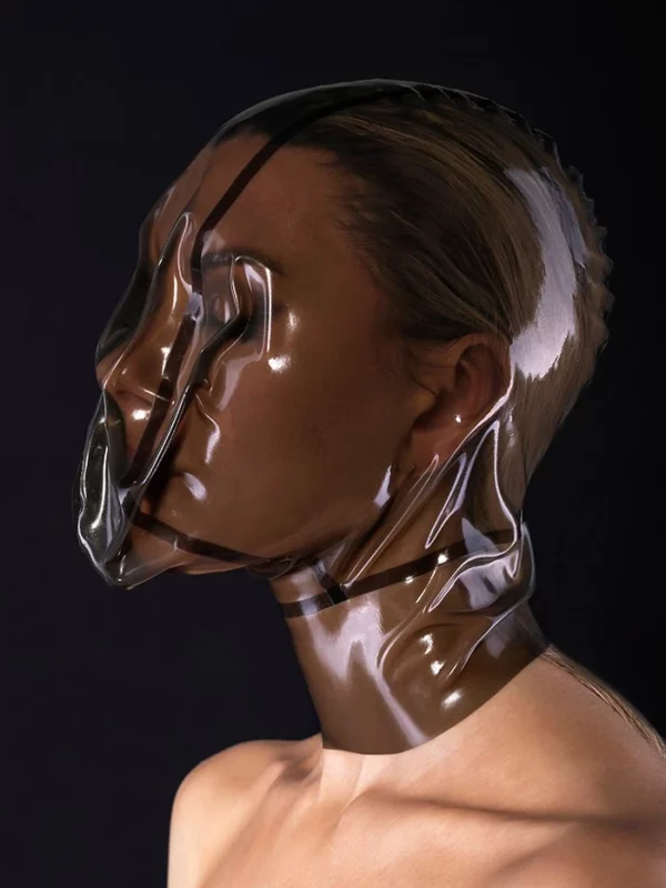 Latex ecstasy mask without zipper and with a small hole for breath control