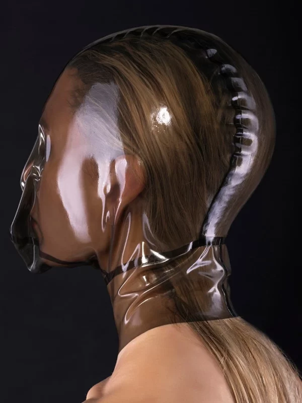 Latex ecstasy mask without zipper and with a small hole for breath control