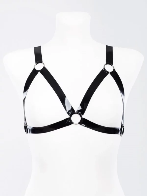 Latex harness bra with metallic rings