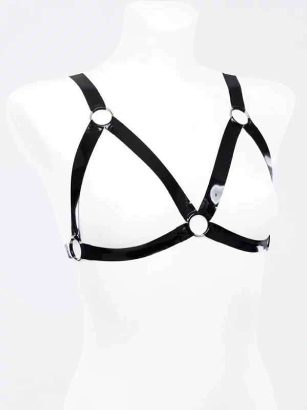 Latex harness bra with metallic rings